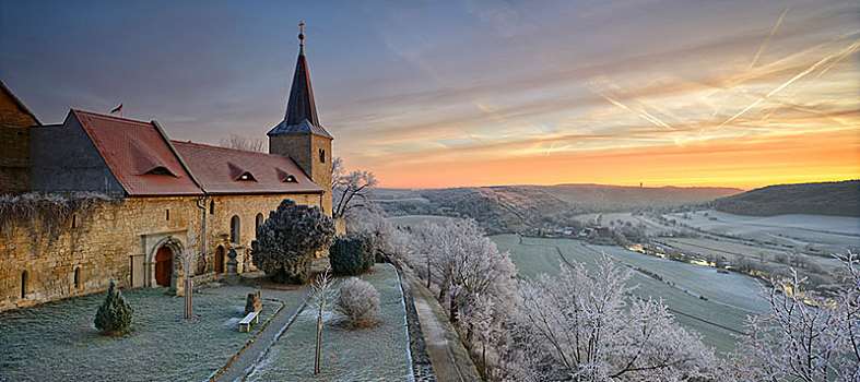 教堂,遮盖,白霜,日出,风景,山谷,冬天,萨克森安哈尔特,德国,欧洲