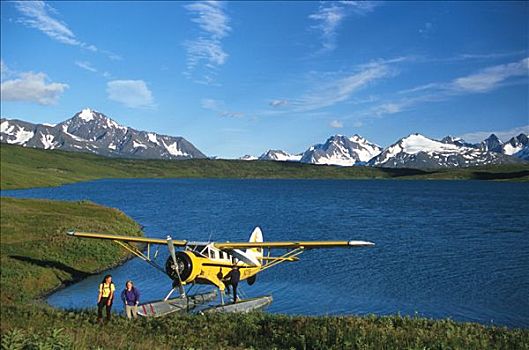 远足者,离开,水上飞机,湖,阿拉斯加,夏天