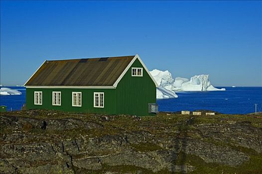 冰山,后面,木屋,迪斯科,岛屿,迪斯科湾,格陵兰,北极