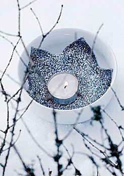 茶烛,蓝色,布,星,银,闪光,瓷碗,雪,地面