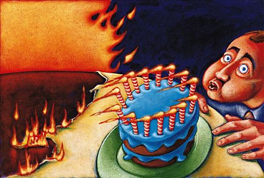 插画,男人,火,吹蜡烛,蛋糕