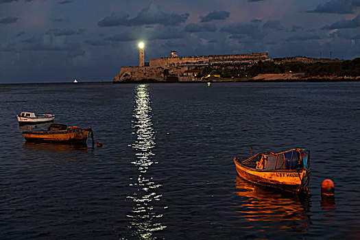 渔船,莫罗城堡,灯塔,发光,哈瓦那,港口,日出,古巴