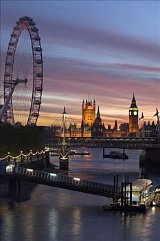 伦敦眼,大本钟,议会大厦,风景,泰晤士河,滑铁卢桥,日落,桥