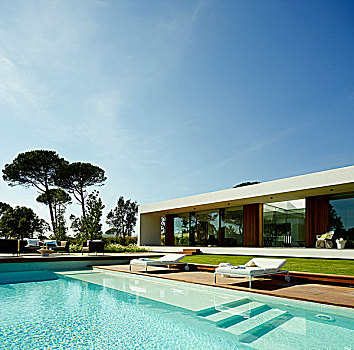 太阳椅,池边,现代,住宅,家,西班牙