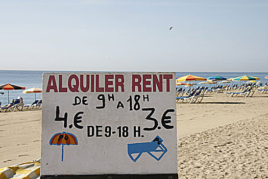 西班牙,哥斯达黎加,海滩,海洋,信息指示,租赁,折叠躺椅,遮阳伞