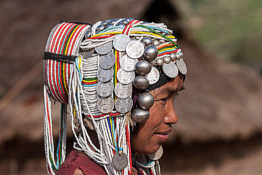 老太太,阿卡族,种族,传统头饰,头像,靠近,钳,缅甸,亚洲