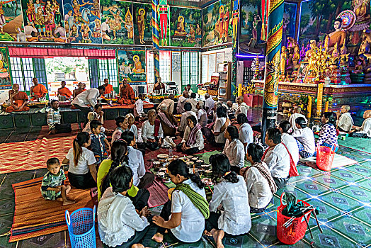 本地人,吃,一起,寺庙,靠近,贡布,柬埔寨,亚洲
