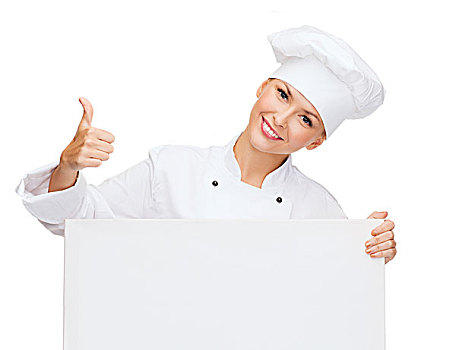 烹调,广告,概念,微笑,女性,厨师,烹饪,做糕点,白色,留白,信息板,展示,竖大拇指