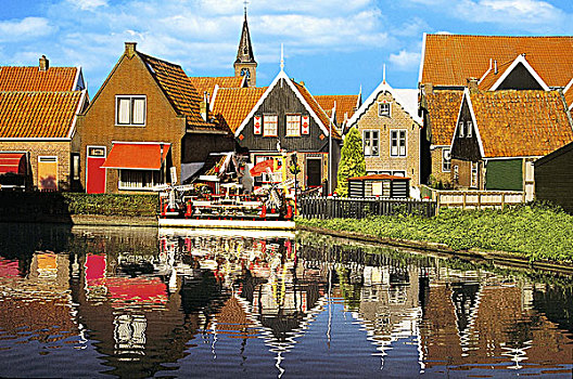 彩色,房子,运河,荷兰,蓝天背景