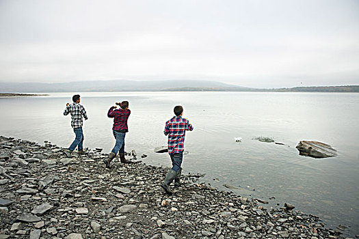 湖,三个男孩,岸边,投掷,漏勺,鹅卵石,水