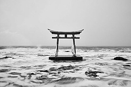 传统,木质,鸟居,海洋,神祠