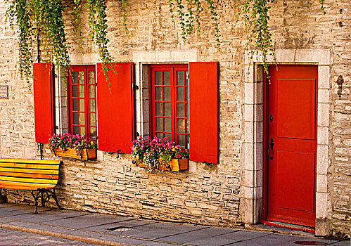 红色,门,百叶窗,建筑,乡村,魁北克老城,魁北克城,魁北克,加拿大