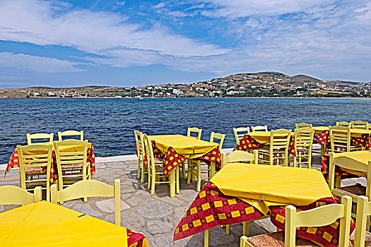 桌子,椅子,餐馆,海洋,帕罗斯岛,岛屿,基克拉迪群岛,希腊,欧洲