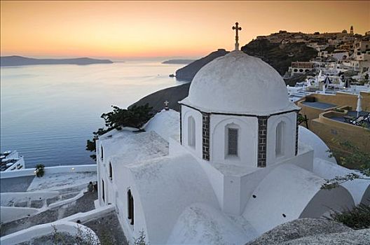 白色,球形,教堂,十字架,日落,正面,海洋,火山,岛屿,锡拉岛,基克拉迪群岛,希腊,欧洲