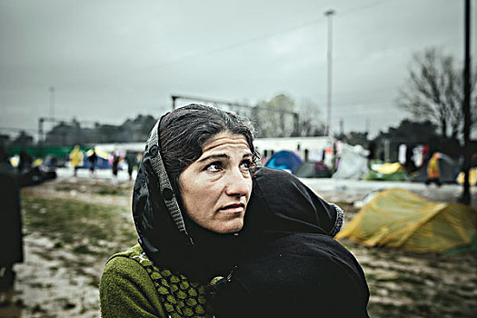 母亲,小孩,手臂,难民,露营,边界,马其顿,希腊,欧洲