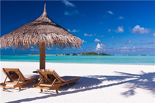 椅子,伞,海滩,影子,棕榈树