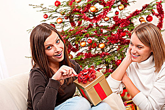 两个女人,打开,圣诞礼物,正面,树
