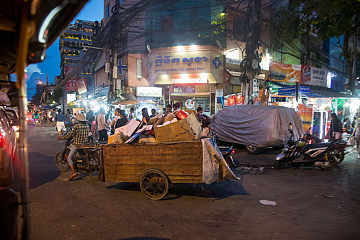 柬埔寨,金边,街景,人力车,拒绝,收集