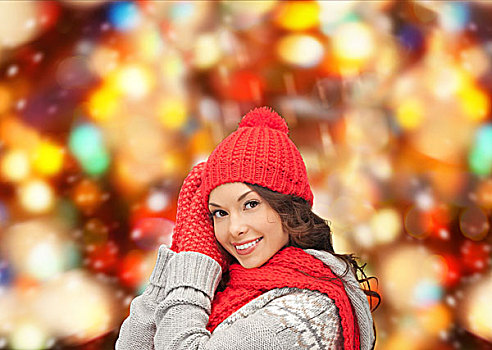 高兴,寒假,圣诞节,人,概念,微笑,少妇,红色,帽子,围巾,连指手套,上方,红灯,背景