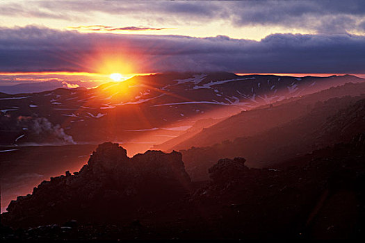 日落,山,远足,小路,自然,自然保护区,冰岛高地,欧洲
