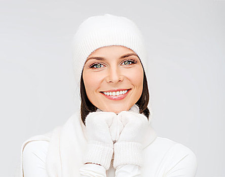 冬天,人,高兴,概念,女人,帽子,围巾,手套