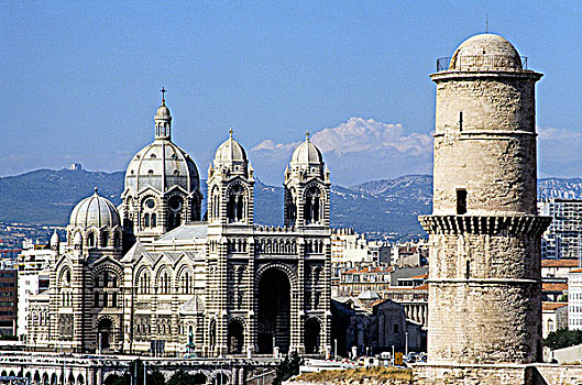 法国,普罗旺斯,马赛,圣徒,堡垒,塔,大教堂,圣玛丽岛,19世纪