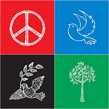 彩色,海报,国际,平和,白天,矢量,插画,著名,象征,鸽子,细枝,嬉皮士,标识,树,小穗
