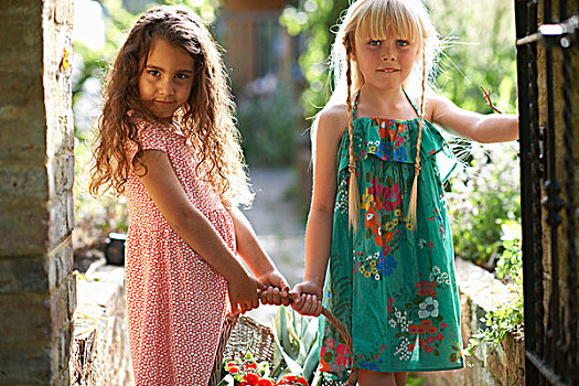 头像,两个女孩,拿着,篮子,新鲜,西红柿,花园