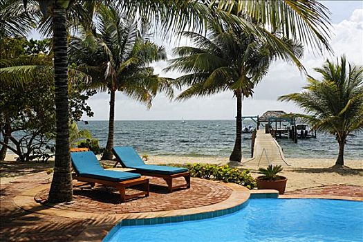 折叠躺椅,游泳池,海滩,码头,酒店,伯利兹,中美洲,加勒比海