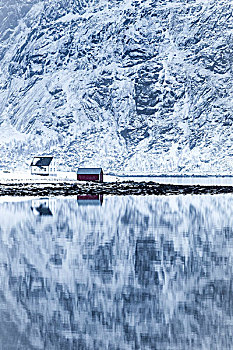 完美,反射,山,红房,罗浮敦群岛,挪威