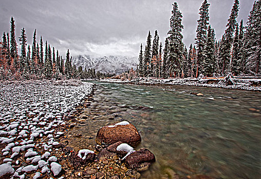 河,雪,石头,树,山峦,育空,加拿大