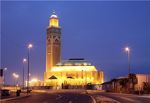 清真寺,哈桑二世,夜晚,卡萨布兰卡,摩洛哥,北非