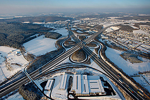 航拍,高速公路,连通,藻厄兰,线条,雪,冬天,北莱茵威斯特伐利亚,德国,欧洲