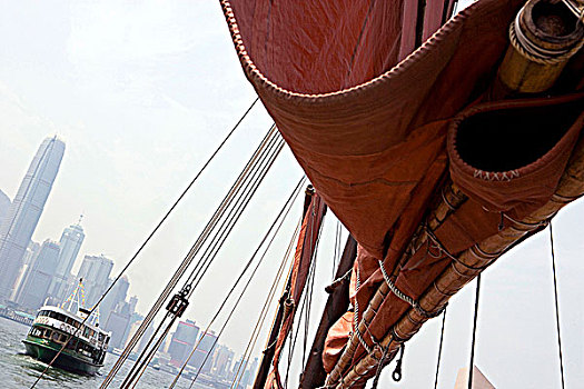 中国帆船,维多利亚港,背景,摩天大楼,中心,星,渡轮,香港