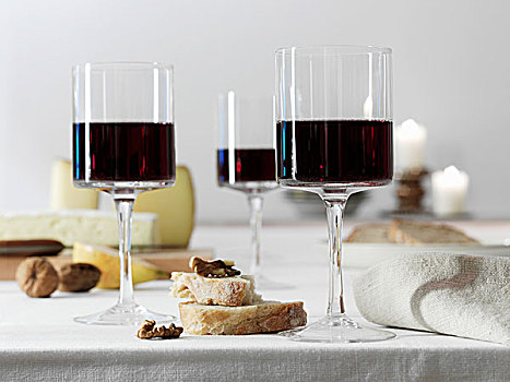 玻璃杯,红酒,正面,面包