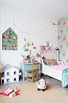 彩色,童房,木板墙,旧式,家具