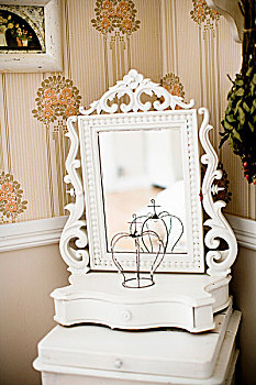 镜子,雕刻,涂绘,白色,小,桌子,角