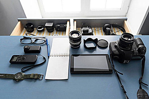 俯视,数码,照相机,设备,工作室,书桌