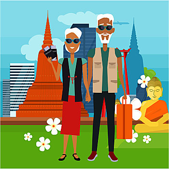 旅行,老年,矢量,概念,设计,夫妻,行李,文件,休息,泰国,祖父母,暑假,广告,娱乐,退休