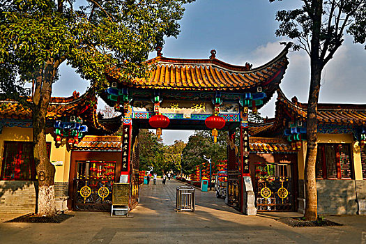 一个,中国,入口,绿色,湖,公园,人行道