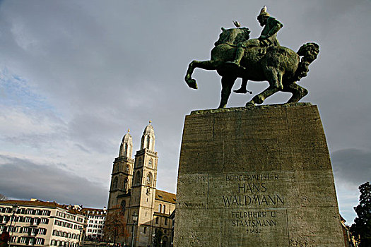 骑马,雕塑,正面,大教堂,苏黎世,瑞士,欧洲