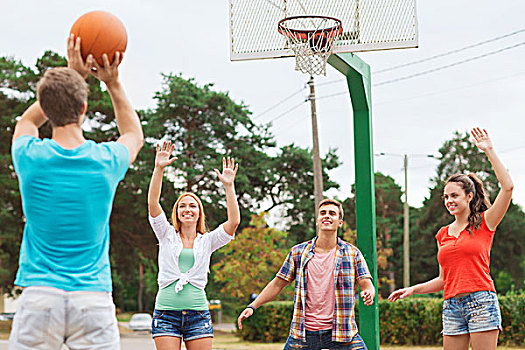 暑假,休假,比赛,友谊,概念,群体,微笑,青少年,玩,篮球,室外