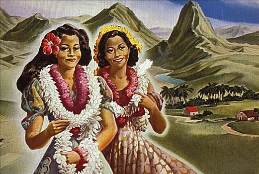 夏威夷,艺术,小册子,两个,岛屿,女人,花环,微笑,广告