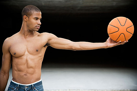 头像,年轻,美国黑人,拿着,篮球,伸展手臂