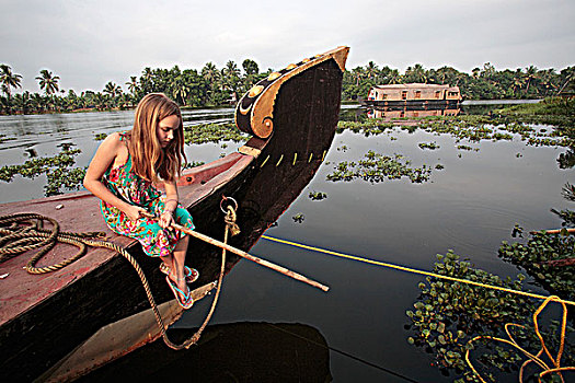 印度,喀拉拉,女孩,钓鱼,船屋