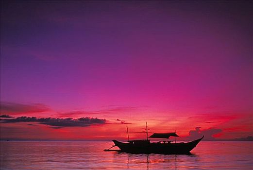 菲律宾,长滩岛,舷外支架,独木舟,剪影,日落,紫色,橙色天空