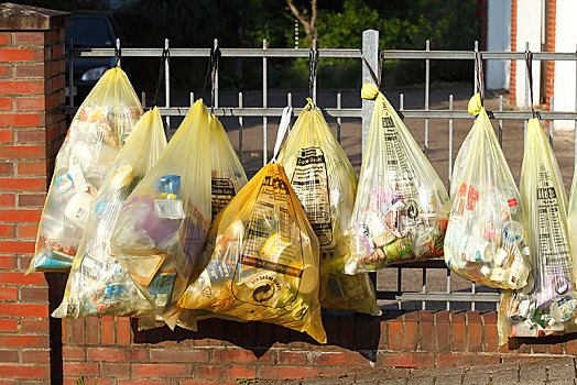 黄色,包,塑料制品,垃圾,悬挂,花园栅栏,垃圾分类,下萨克森,德国,欧洲