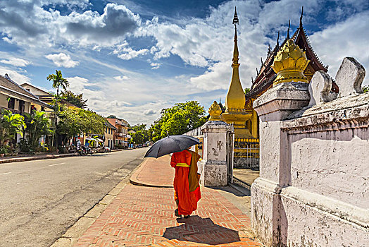 和尚,走,寺院,庙宇,琅勃拉邦,老挝