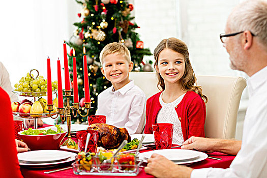 家庭,休假,圣诞节,人,概念,微笑,餐饭,在家