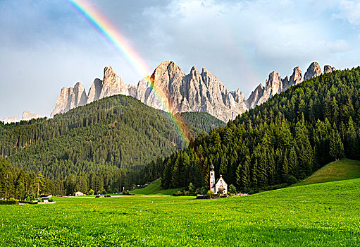 彩虹,正面,教堂大街,小教堂,多,博尔查诺,南蒂罗尔,意大利,欧洲